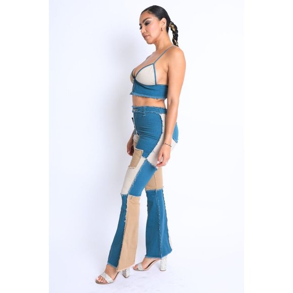 Women's Colorblock Patchwork Cop Top And Matching Pants 2 Piece Set Club Party - Picture 9 of 11